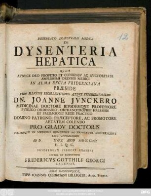 Dissertatio Inavgvralis Medica De Dysenteria Hepatica