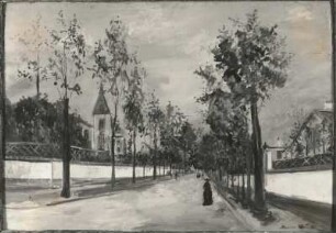 Die Vorstadtstraße (1916, bezeichnet rechts unten: "Maurice. Utrillo. V."; Tempera auf Pappe; 0,53 x 0,755 m; Nationalgalerie Prag)