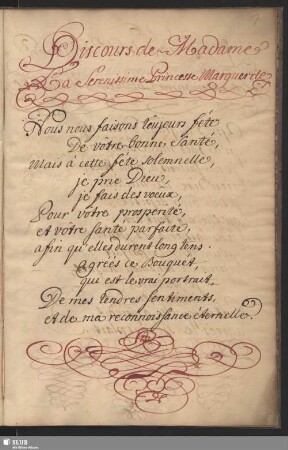 Discours de Madame La Serenissime Princesse Marguerite.