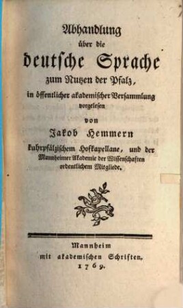 Abhandlung über die deutsche Sprache zum Nutzen der Pfalz