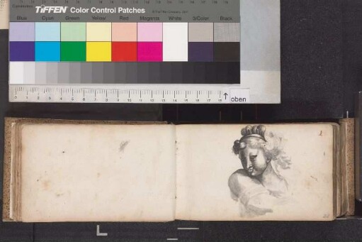 Illustration (Grisaille) ohne Unterschrift: Portrait einer jungen Frau; Blatt 1