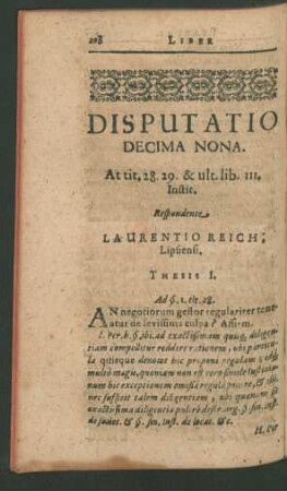Disputatio Decima Nona. Respondente Laurentio Reich