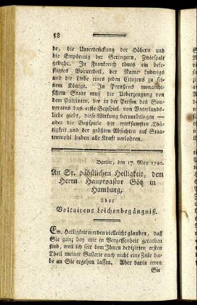 An Sr. päbstlichen Heiligkeit, dem Herrn Hauptpastor Götz in Hamburg, über Voltairens Leichenbegängniß.
