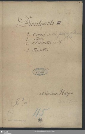 Divertimentos - Mus.3356-P-520,3 : winds - E|b; Hob II:41