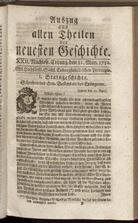 XXII. Nachlese. Coburg, den 31. May. 1752.