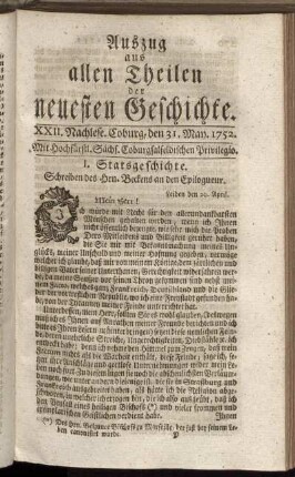 XXII. Nachlese. Coburg, den 31. May. 1752.