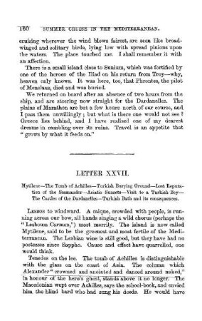 LETTER XXVII. - Mytilene - The Tomb of Achilles - Turkish Burying Ground - Lost Reputation of the Scamander - Asiatic Sunsets - Visit to a Turkish Bey - The Castles of the Dardanelles - Turkish Bath, and its