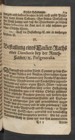 IV. Bestallung eines Cam[m]er-Raths oder Directoris bey der Renth-Cam[m]er/ [et]c. Postgeneralia.
