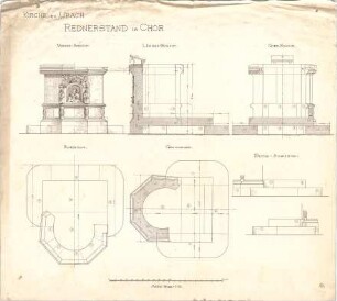 Dolmetsch, Heinrich; Bad Urach; Ev. Stadtkirche, Restaurierung - Rednerstand im Chor (Grundrisse, Ansichten,Querschnitt, Längsschnitt)