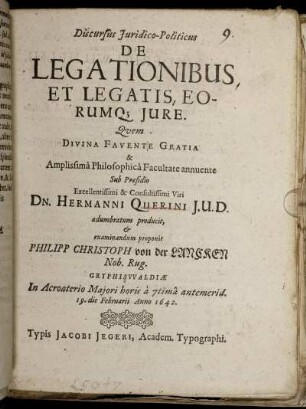 Discursus Iuridico-Politicus De Legationibus Et Legatis Eorumq[ue] Iure