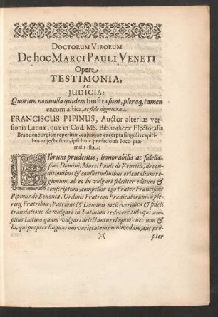Doctorum Virorum De hoc Marci Pauli Veneti Opere Testimonia, Ac Iudicia