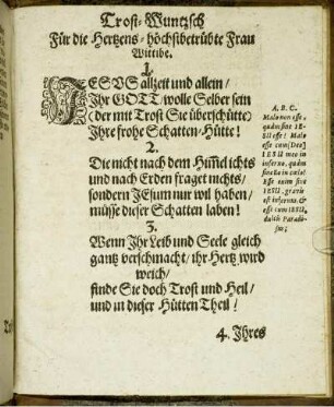 Trost-Wuntzsch Für die Hertzens-höchstbetrübte Frau Wittibe.