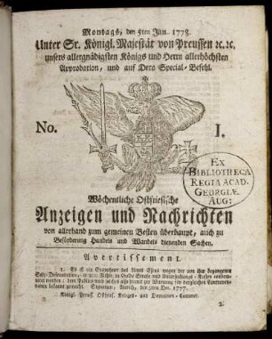No. 1. Montags, den 5ten Jan. 1778.