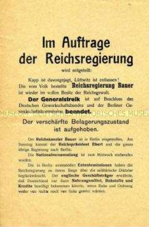 Informationsblatt der Reichsregierung zur Zerschlagung des Kapp-Putsches