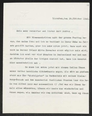 Brief von Oswald von Hoyningen-Huene und Gudrun Hoyningen-Huene an Gerhart Hauptmann