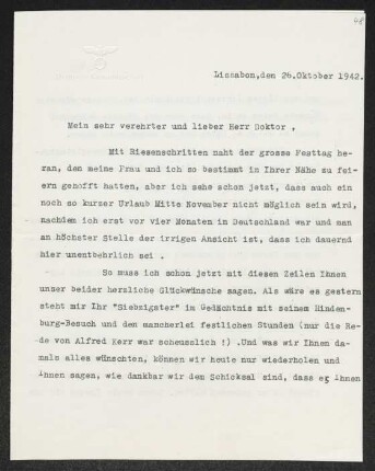 Brief von Oswald von Hoyningen-Huene und Gudrun Hoyningen-Huene an Gerhart Hauptmann
