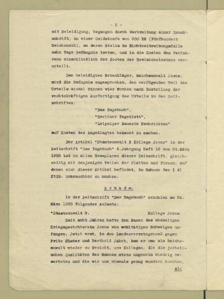 Urteil des Landgerichts II, Berlin, in der Strafsache gegen den Redakteur Joseph Bornstein wegen übler Nachrede in Tateinheit mit Beleidigung des Kriegsgerichtsrates Jorns vor dem Gericht der Garde-Kavallerie-Schützen-Division