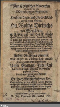 Zum Christlichen Andencken ... Hn. Wolffg. Dietrichs von Werthern ...
