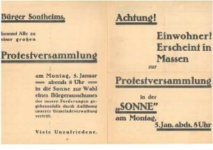 Schmähschrift/Flugblatt von Fabrikant Karl Schneider zu einer Protestversammlung gegen BM Stieglitz und den Gemeinderat von Sontheim im Gasthof Sonne