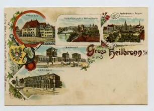 Mehrbildkarte, 5 Motive: Rathaus, Bahnhof, Harmonie, Neckaransicht mit Götzenturm, Neckarbrücke mit Postamt