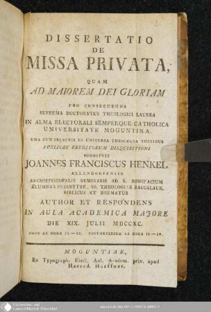 Dissertatio De Missa Privata