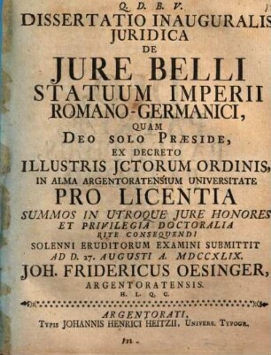 Dissertatio Inauguralis De Iure Belli Statuum Imperii Romano-Germanici