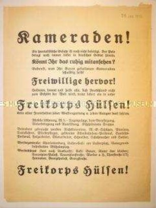 Flugblatt mit Werbung für das Freikorps Hülsen