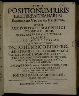 Positionum Juris Lauterbachianarum Exercitatio Vigesima Et Ultima