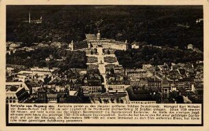 Postkartenalbum mit Motiven von Karlsruhe. "Karlsruhe vom Flugzeug aus". Innenstadt mit Schloss und Schlossgarten