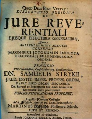 Dissertatio Iuridica De Iure Reverentiali Eiusque Effectibus Generalibus