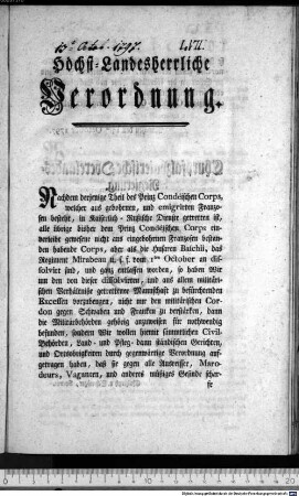 Höchst-Landesherrliche Verordnung. : München den 13ten October 1797. Churpfalzbaierische Oberelandes-Regierung. Christoph v. Schmöger, Secret.