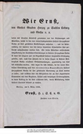 Wir Ernst, von Gottes Gnaden Herzog zu Sachsen Coburg und Gotha ... : Gotha, am 9. März 1848