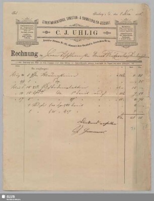C. J. Uhlig, Cementwaarenfabrik, Sandstein- & Baumaterialien-Geschäft, Freiberg i. S. : Rechnung