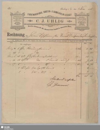 C. J. Uhlig, Cementwaarenfabrik, Sandstein- & Baumaterialien-Geschäft, Freiberg i. S. : Rechnung