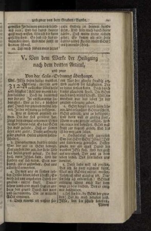 V. Von dem Werke der Heiligung nach dem dritten Articul, und zwar Von der Heils-Ordnung überhaupt.