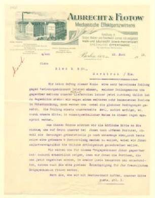 Brief der Firma Albrecht & Flotow, Firma für Mechanische Effektgarnzwirnerei
