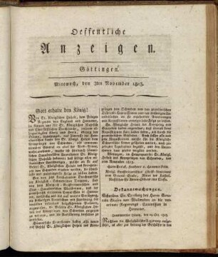 [Nro 1.] Mittwoch, den 3ten November 1813 [-] Nro 10. Sonnabend, den 4ten December 1813