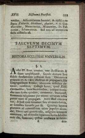 Saeculum Decimum Septimum. Historia Ecclesiae Universalis..