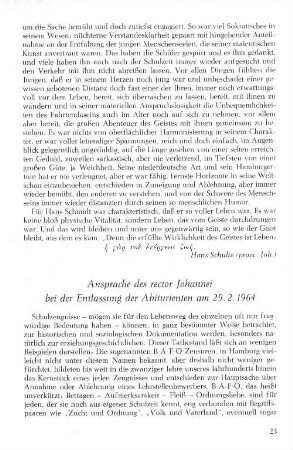 Ansprache des rector Johannei bei der Entlassung der Abiturienten am 29.2.1964