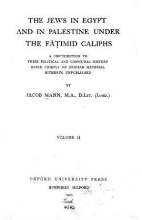 In: The Jews in Egypt and in Palestine under the Fāṭimid Caliphs ; Band 2