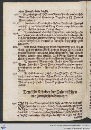 Teutsche Bücher der Caluinischen und Zwinglischen Theologen.