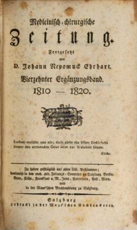 Medicinisch-chirurgische Zeitung. Ergänzungsbände. 14, 14. 1810/20