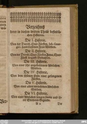 Verzeichniß derer in diesem dritten Theile befindlichen Historien.