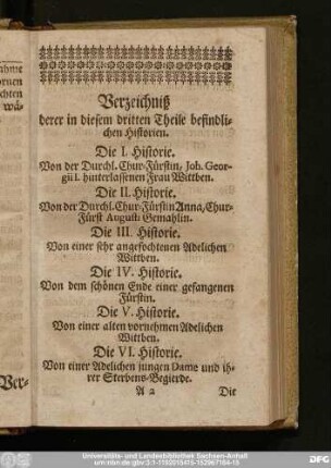 Verzeichniß derer in diesem dritten Theile befindlichen Historien.