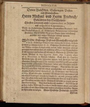 Denen Wol Edlen/ Gestrengen/ Vesten und Mannhafften/ Herrn Michael und Herrn Friedrich Gebrüdern den Gerschowen [...]