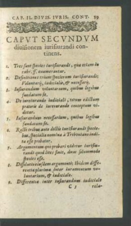 Caput Secundum divisionem iurisiurandi continens.