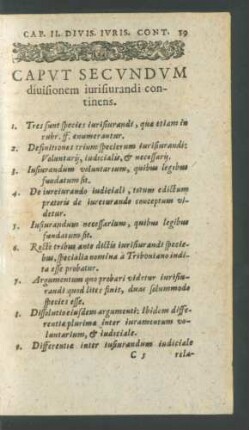 Caput Secundum divisionem iurisiurandi continens.