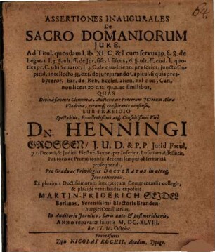 Assertiones inaugurales de sacro domaniorum jure ...