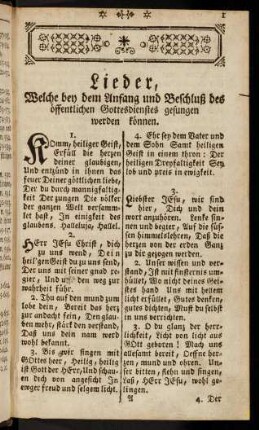 1-5, Lieder, welche bey dem Anfang und Beschlusz des öffentlichen Gottesdienstes gesungen werden können; Lieder von den Quellen der Göttlichen Erkanntnusz