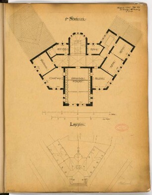 Rathaus, Nauen Monatskonkurrenz August 1885: Lageplan mit Dachaufsicht, Grundriss Obergeschoss; 2 Maßstabsleisten